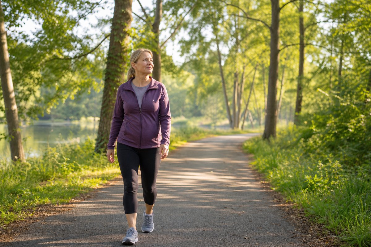 Person taking a relaxed morning walk on a tree-lined park path as gentle exercise to reduce stress and cortisol