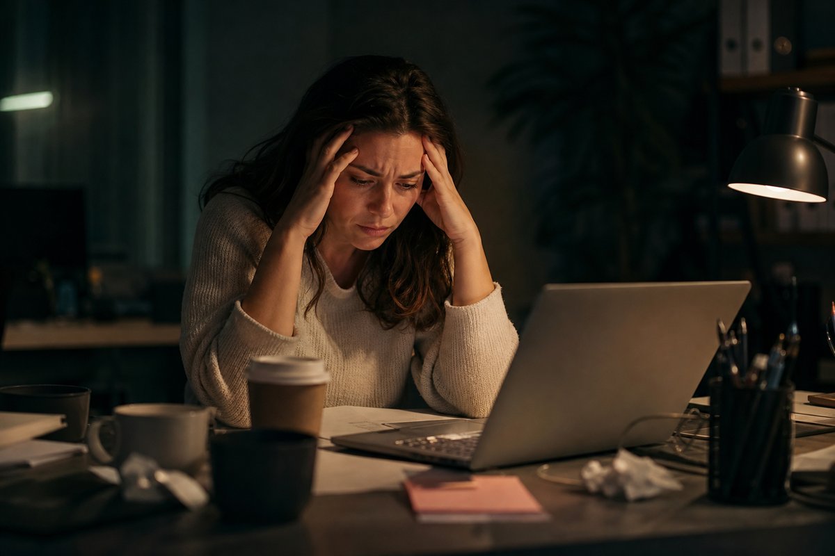 Tired stressed woman rubbing her temples at a cluttered desk at night showing symptoms of chronically high cortisol