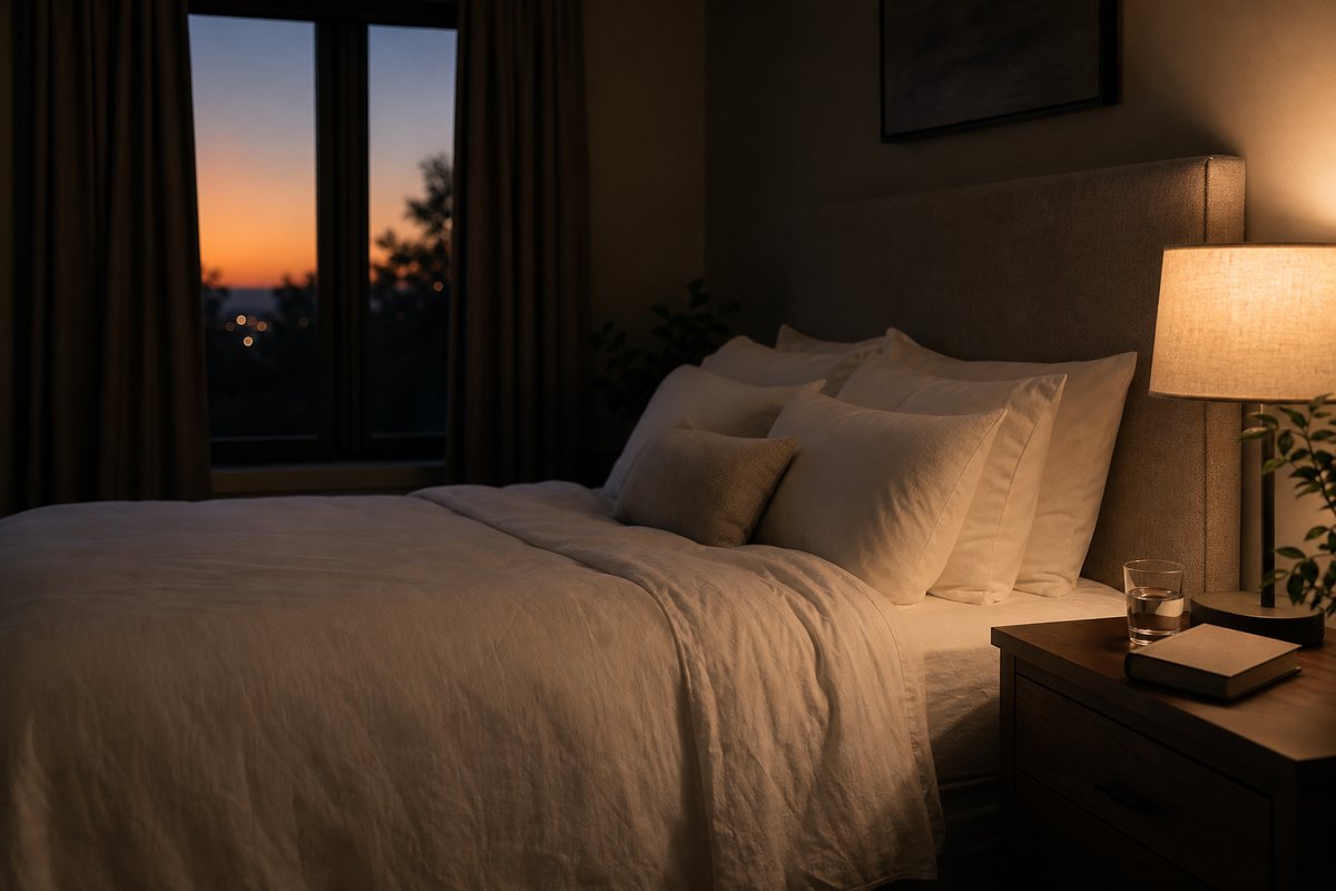 Calm dark bedroom with soft bedding warm lamp and no screens set up for deep sleep to help lower cortisol