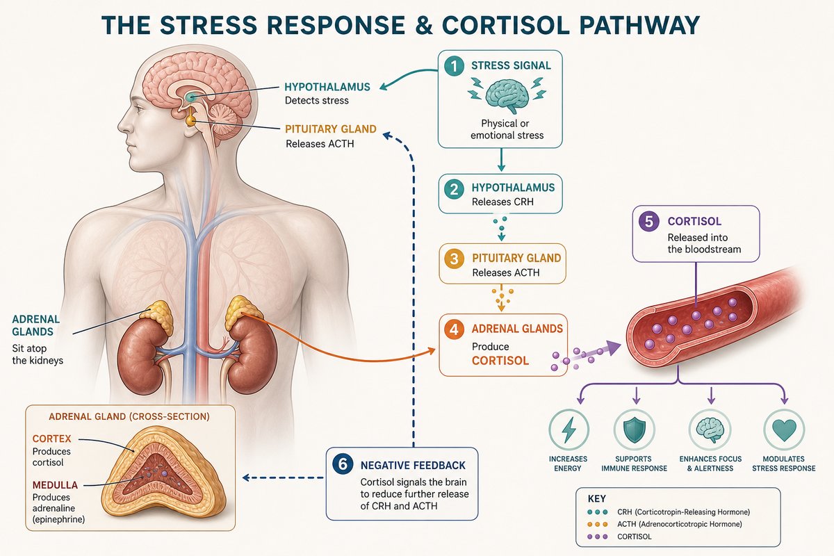 Medical illustration of the cortisol stress response showing the brain signaling the adrenal glands on top of the kidneys to release cortisol