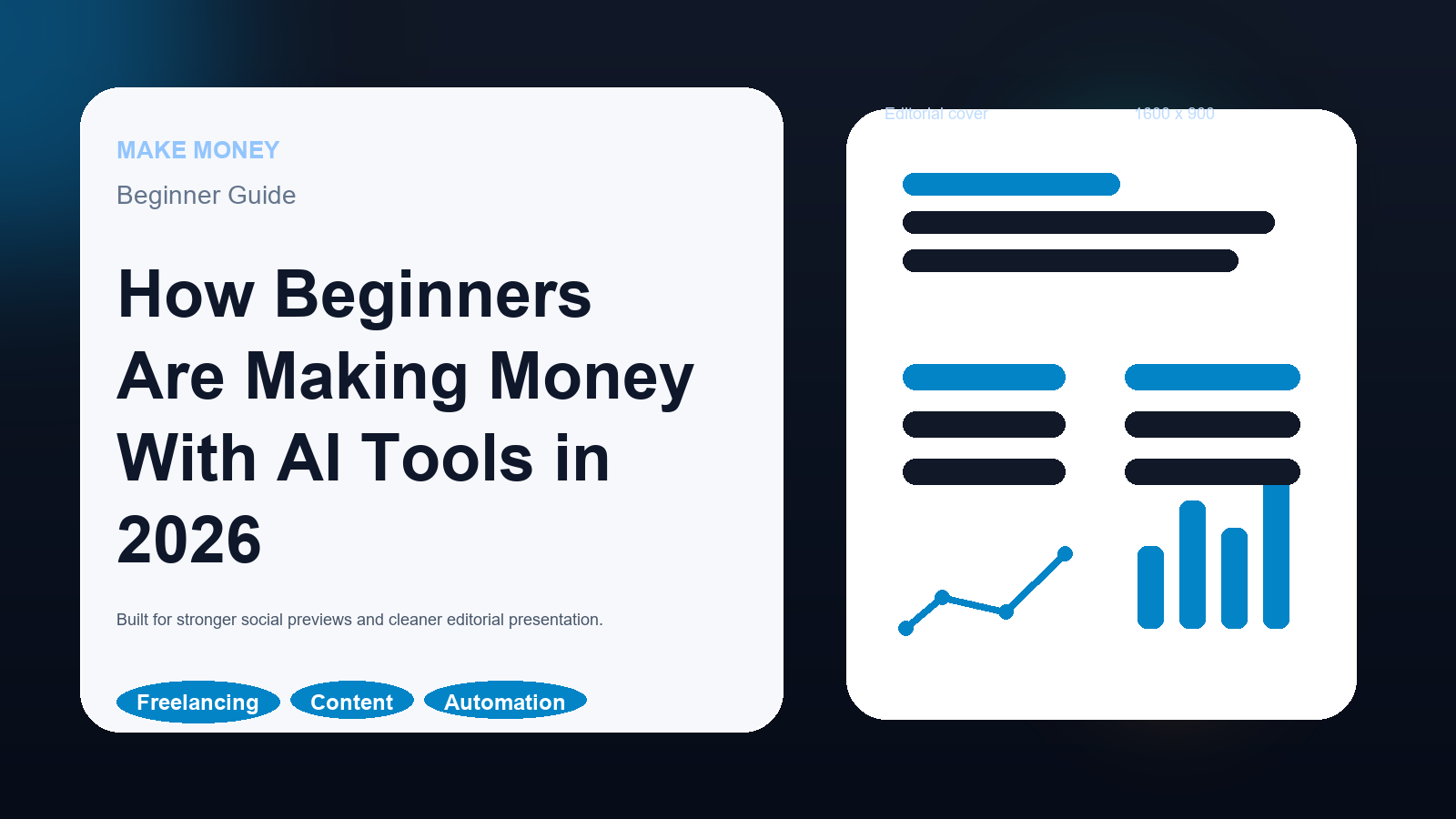Editorial cover for a beginner AI income guide showing freelancing, content, and automation workflows