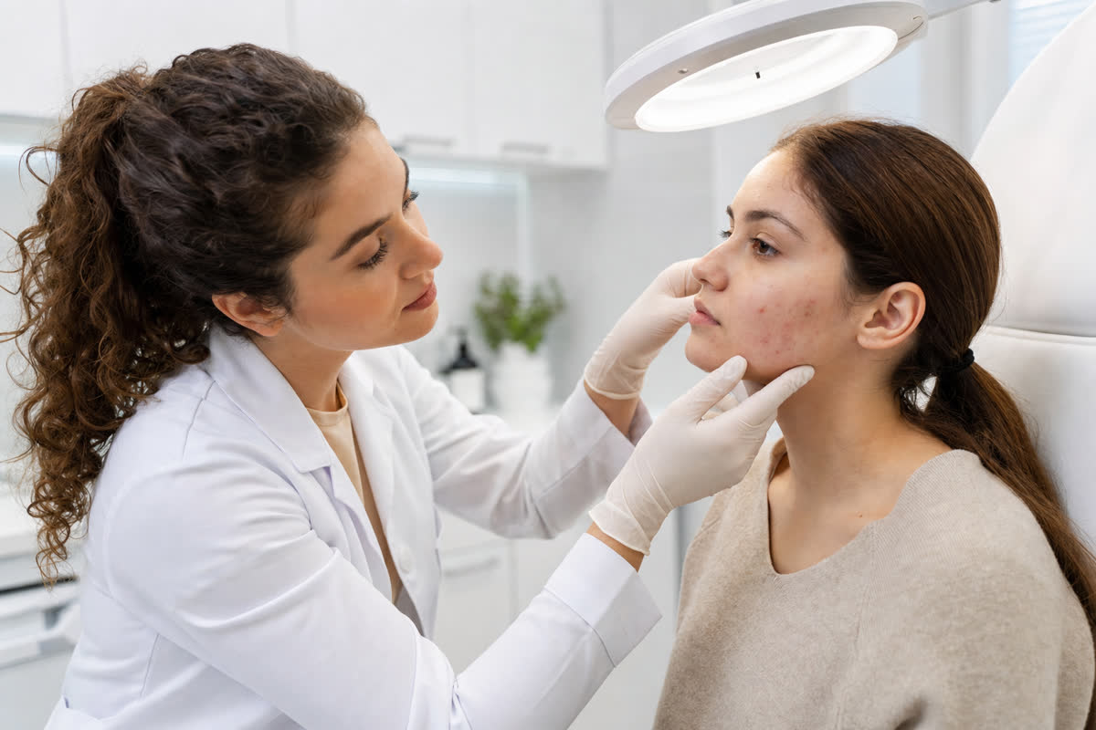 Dermatologist in a white coat examining a young patient's facial skin in a bright clinic