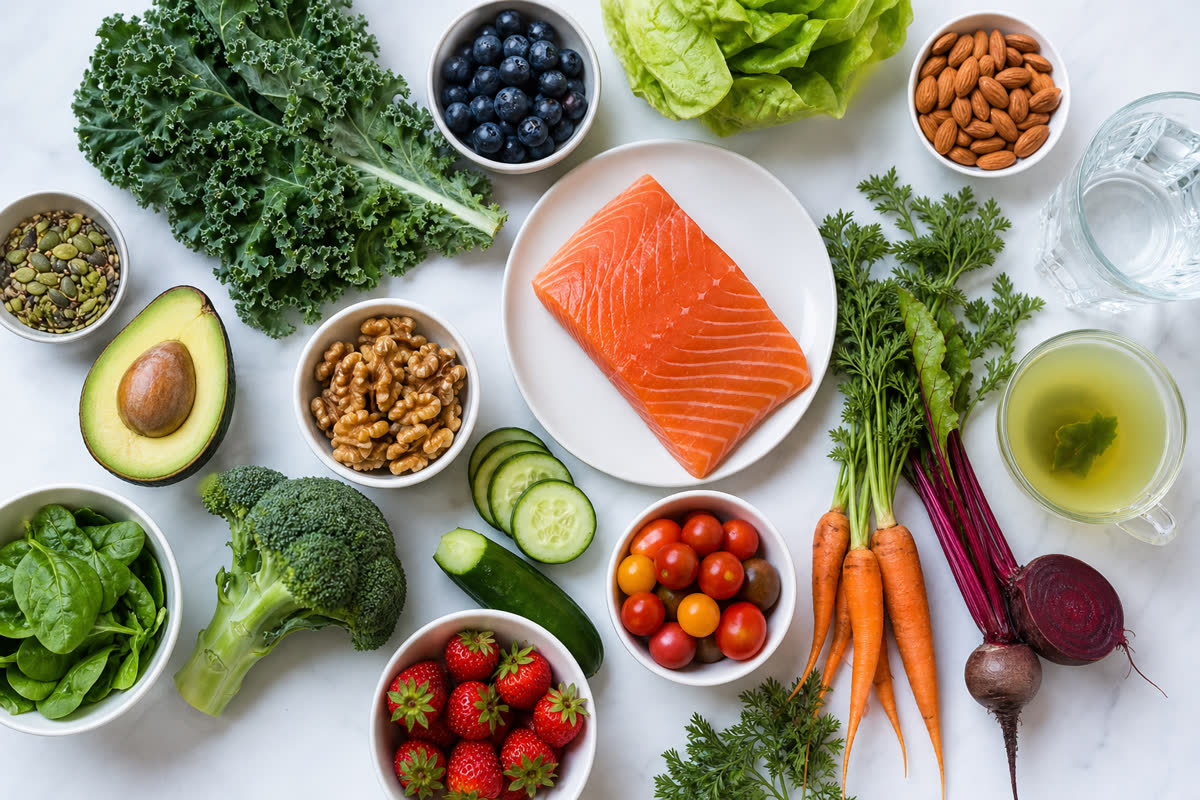 Overhead flat lay of skin-friendly foods including leafy greens, salmon, nuts, berries, and green tea