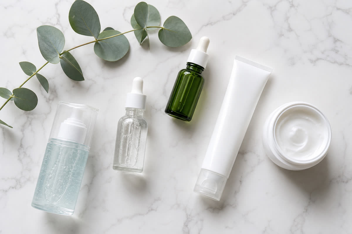 Flat lay of acne treatment skincare products including serums, gel cleanser, and moisturizer on marble