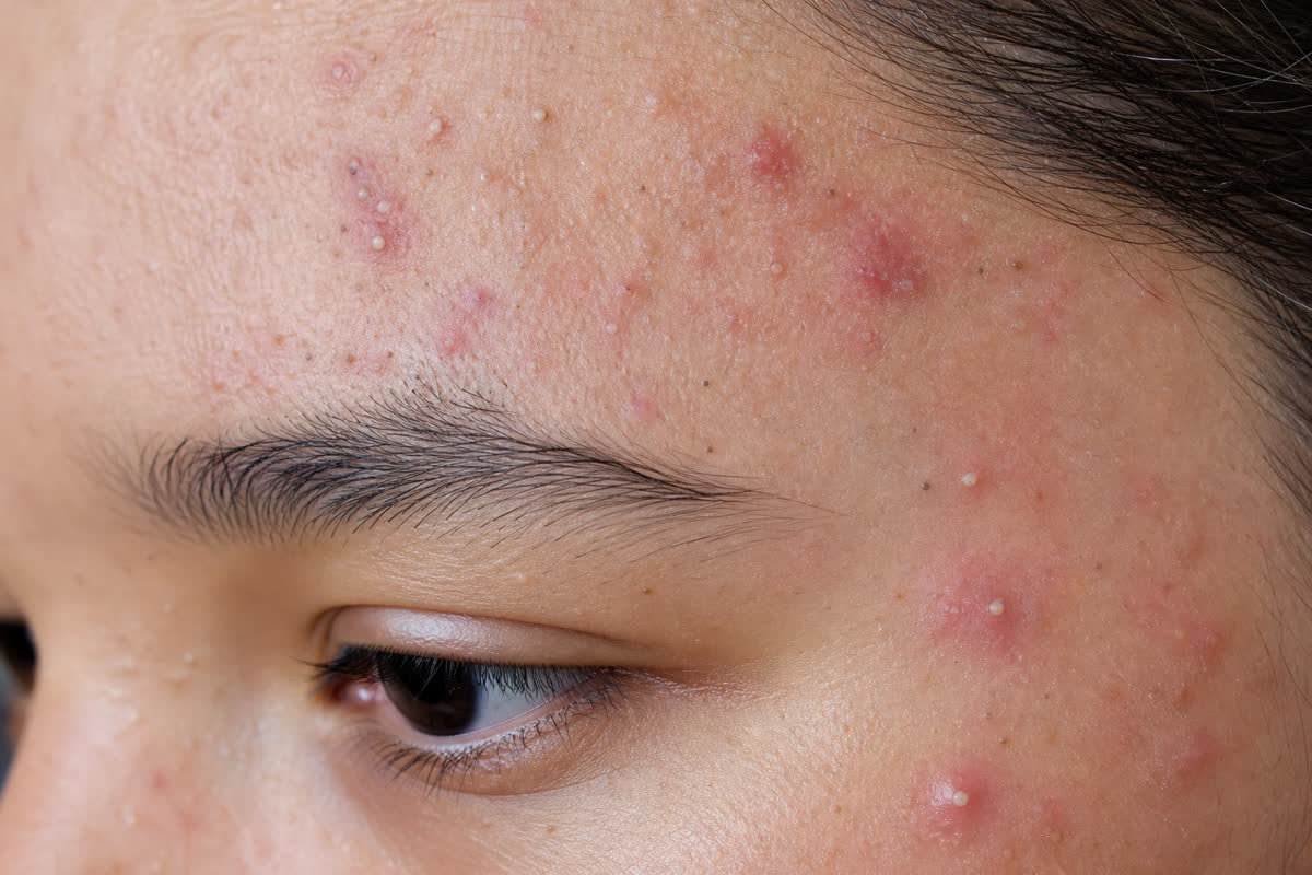 Macro close-up of facial skin showing whiteheads, blackheads, and red inflamed papules and pustules