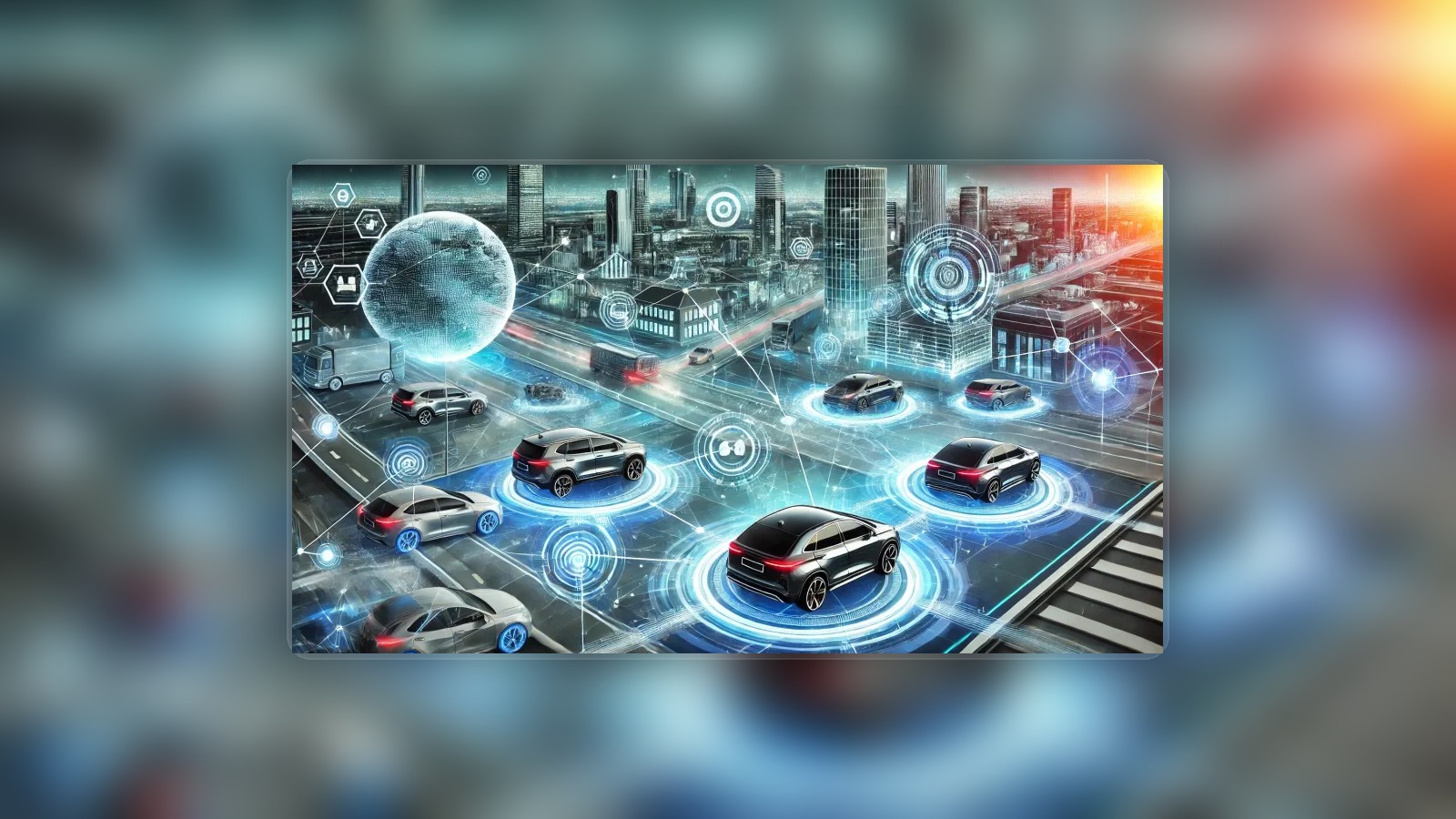 Futuristic connected-city scene showing AI-powered vehicles moving through an intelligent mobility network