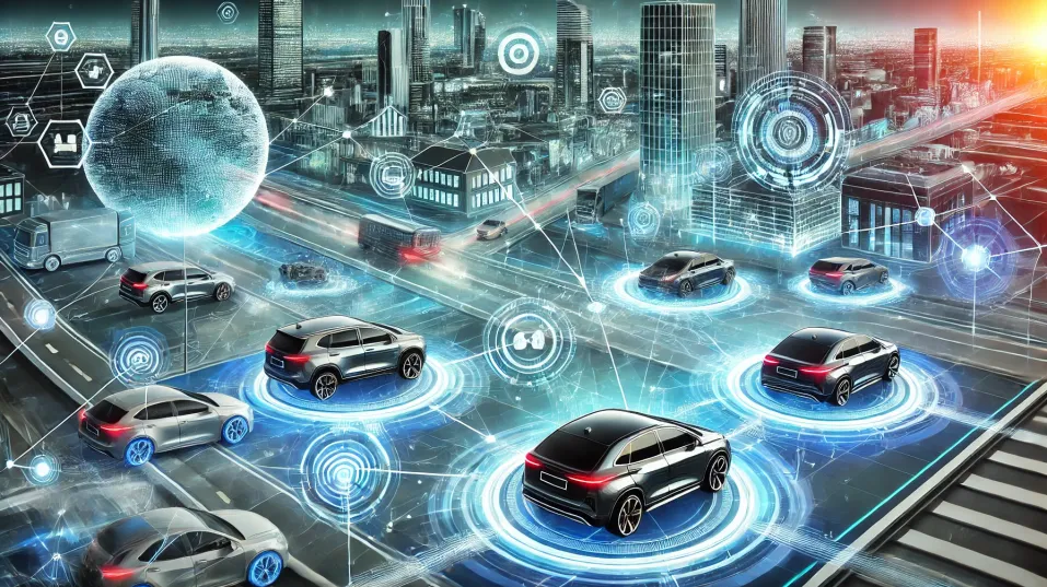 Futuristic city mobility network showing connected autonomous vehicles and digital coordination layers