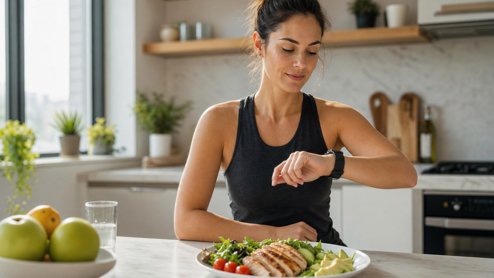 Woman checking the time on her watch next to a healthy plate of food while practicing intermittent fasting