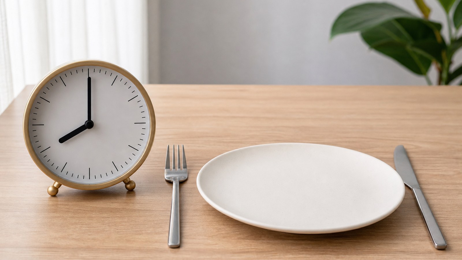 Clock next to a plate and cutlery illustrating the concept of a timed eating window in intermittent fasting
