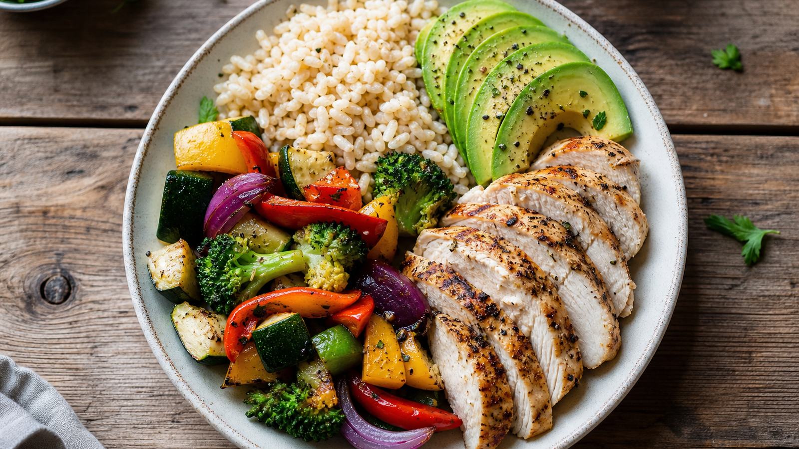Balanced meal with grilled chicken vegetables whole grains and avocado for breaking an intermittent fast