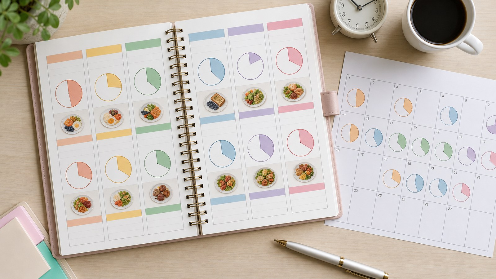 Weekly planner and calendar showing different intermittent fasting schedules and eating windows