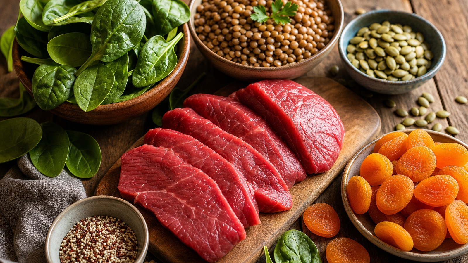 Iron-rich foods including lean meat spinach and lentils for iron deficiency anemia prevention