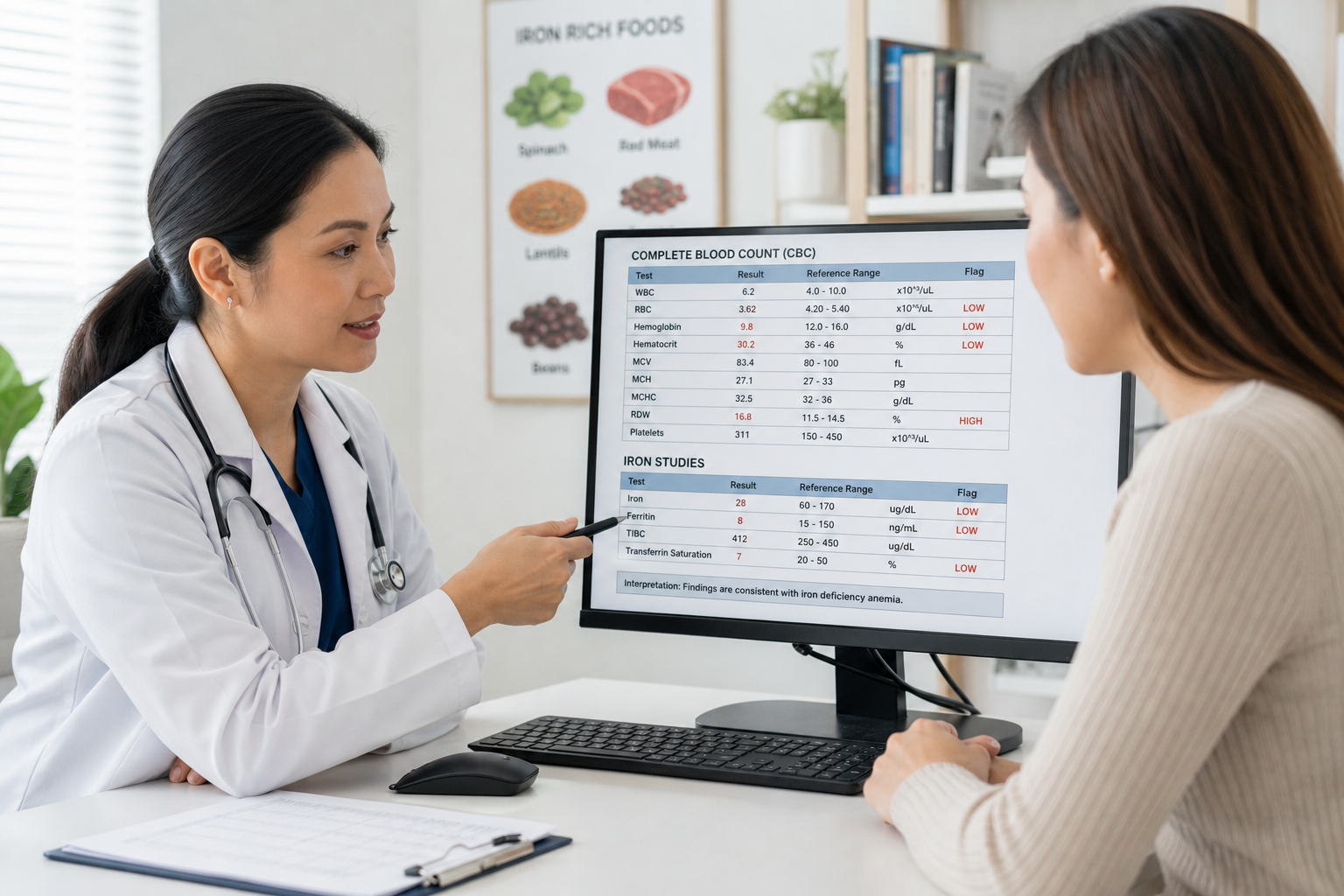 Doctor reviewing CBC blood test results for iron deficiency anemia