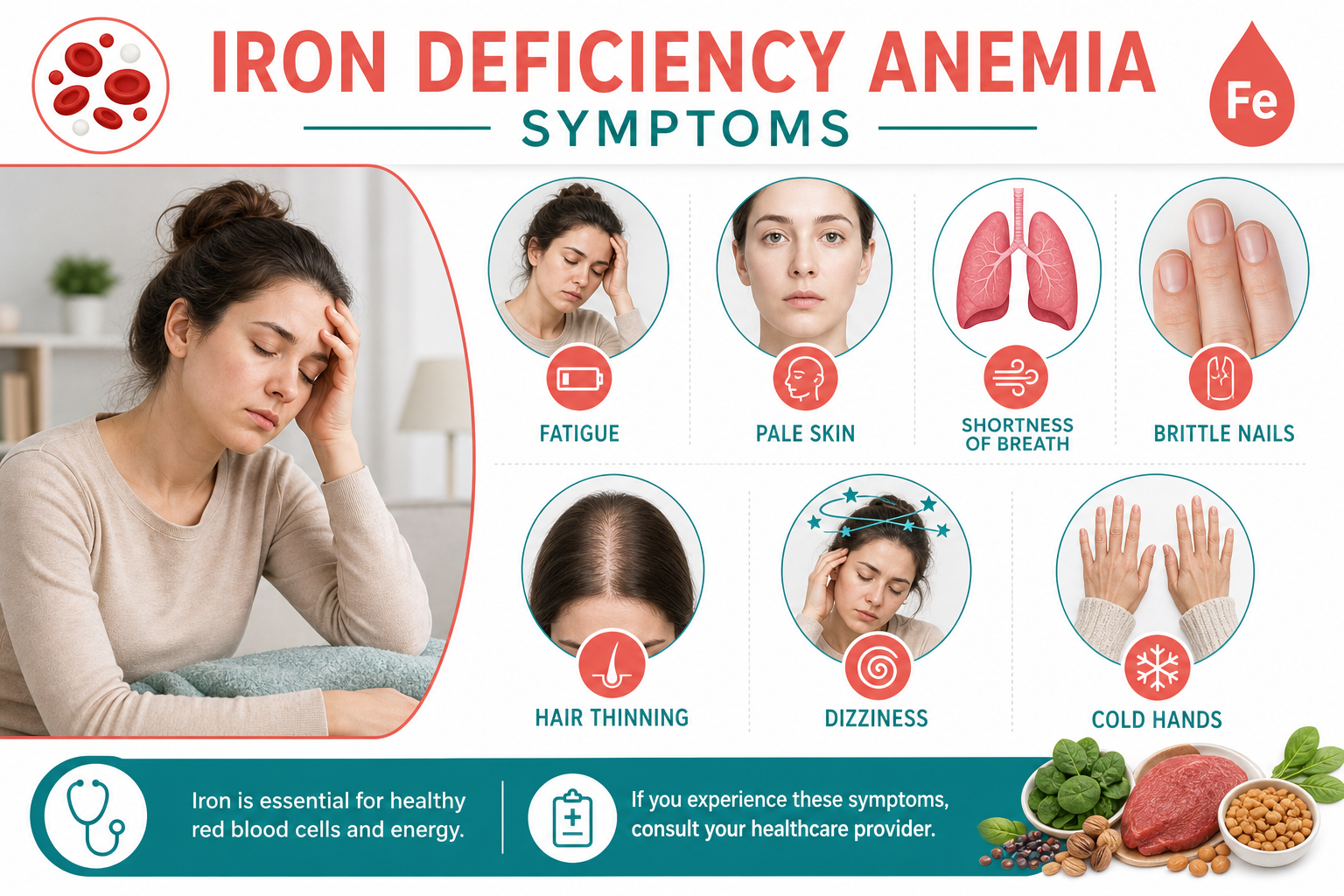 Infographic of iron deficiency anemia symptoms including fatigue pale skin and hair loss