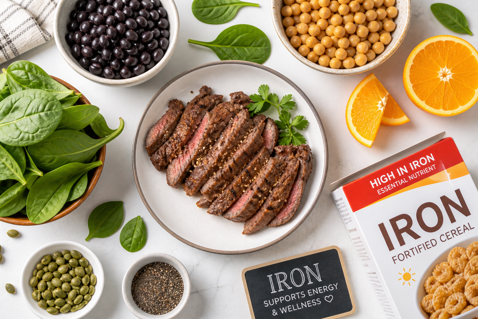 High iron foods including red meat lentils spinach and vitamin C fruits