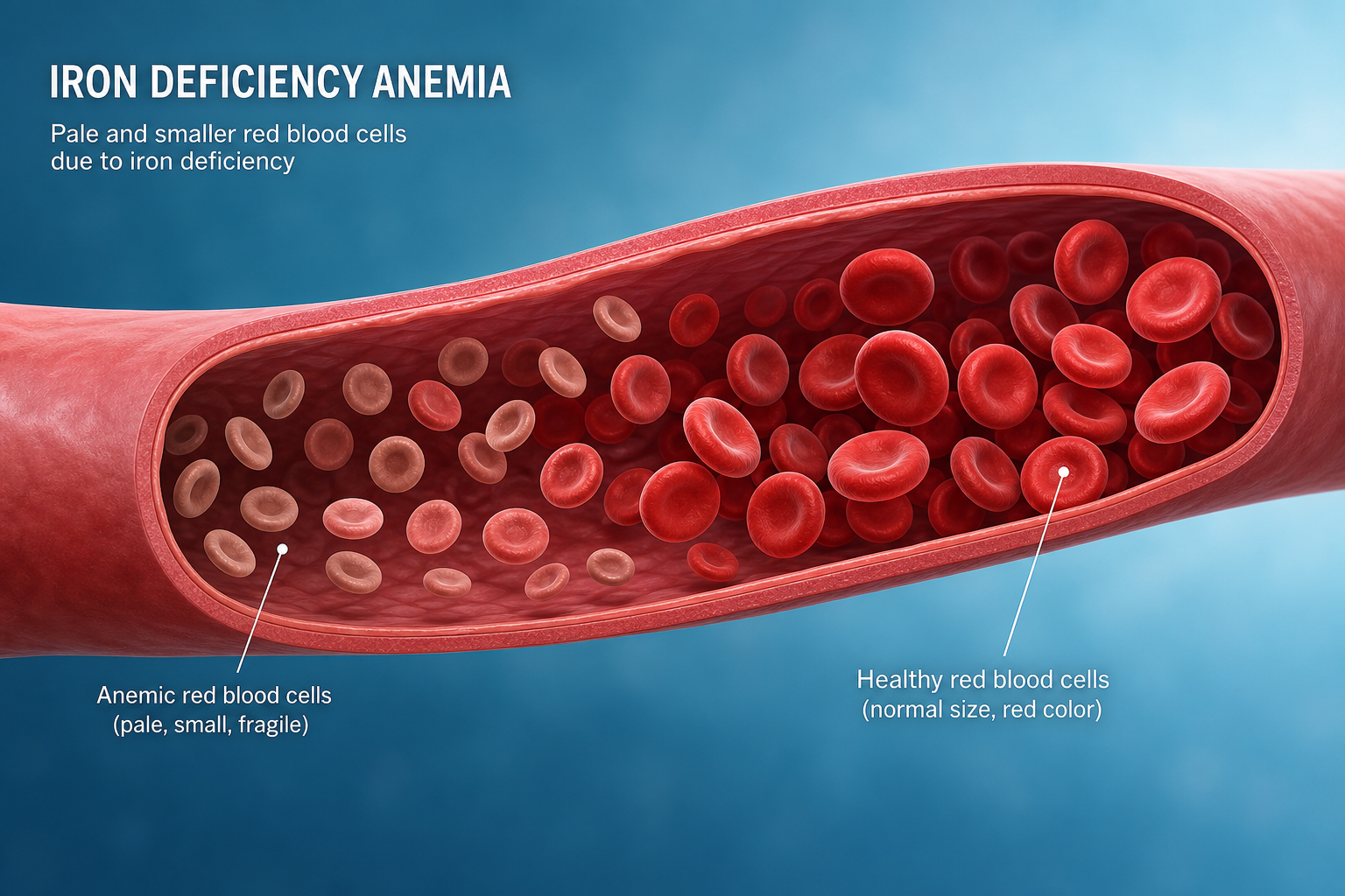 Medical illustration of red blood cells showing iron deficiency anemia