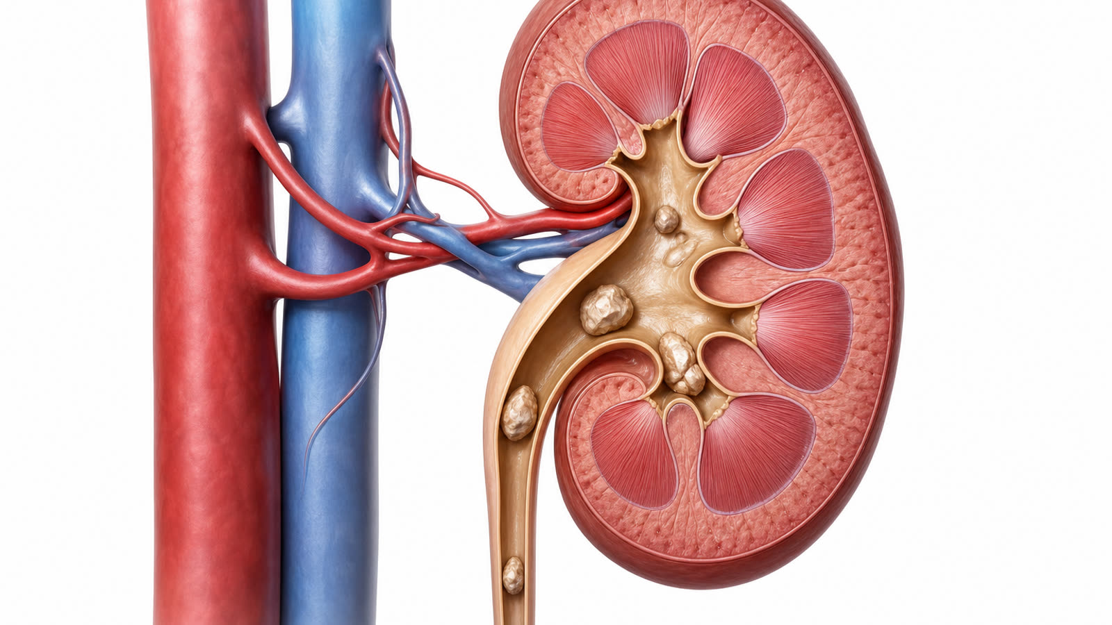 Medical illustration of kidney anatomy showing small mineral stones inside the kidney and ureter