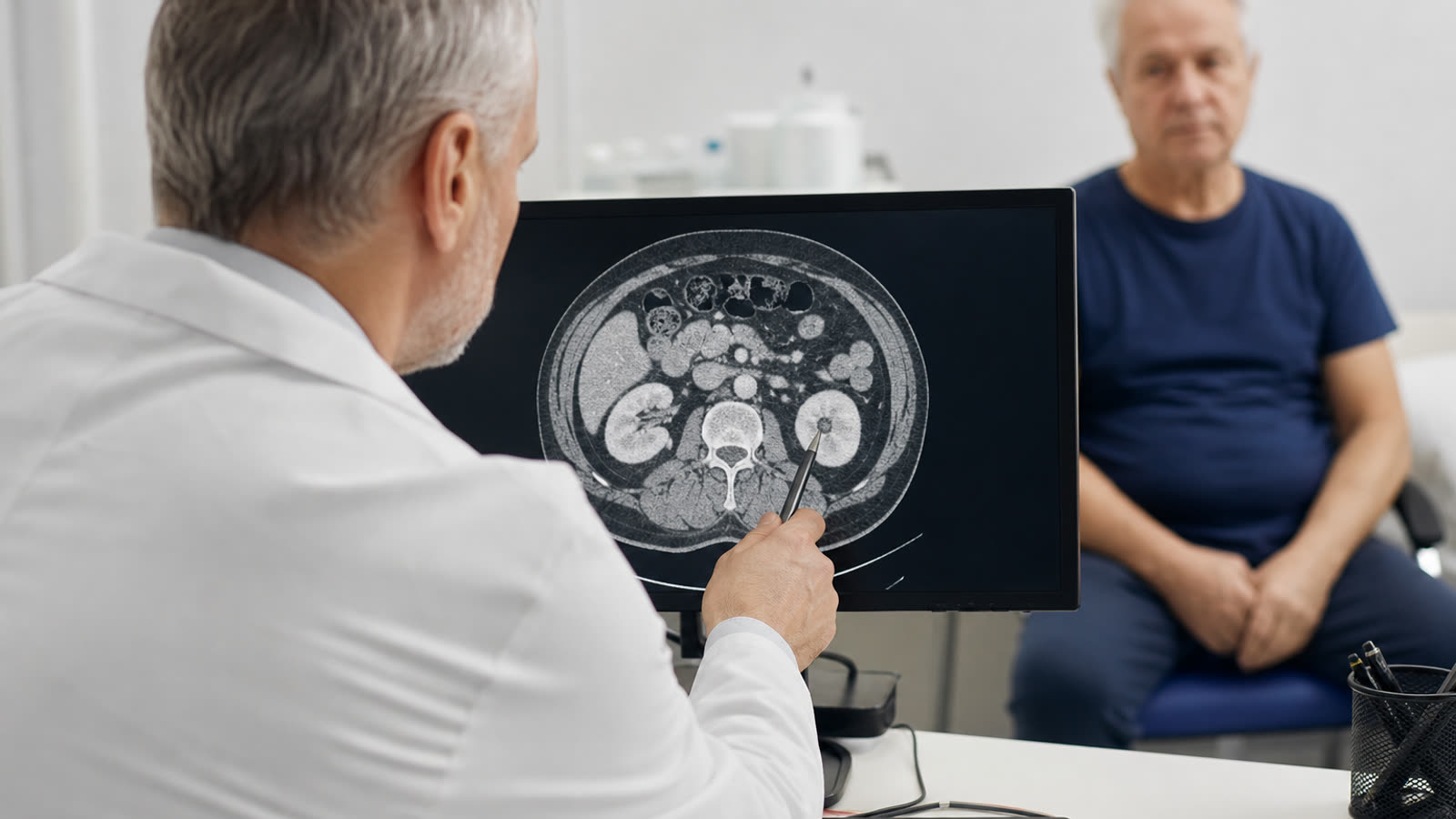 Doctor in a white coat reviewing an abdominal CT scan on a monitor and pointing to the kidney area