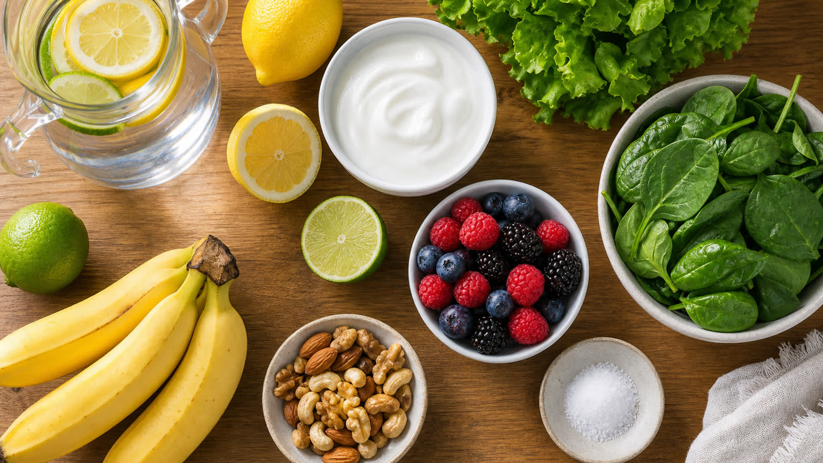 Flat lay of kidney-friendly foods including lemons leafy greens low-fat yogurt berries bananas and nuts with limited salt