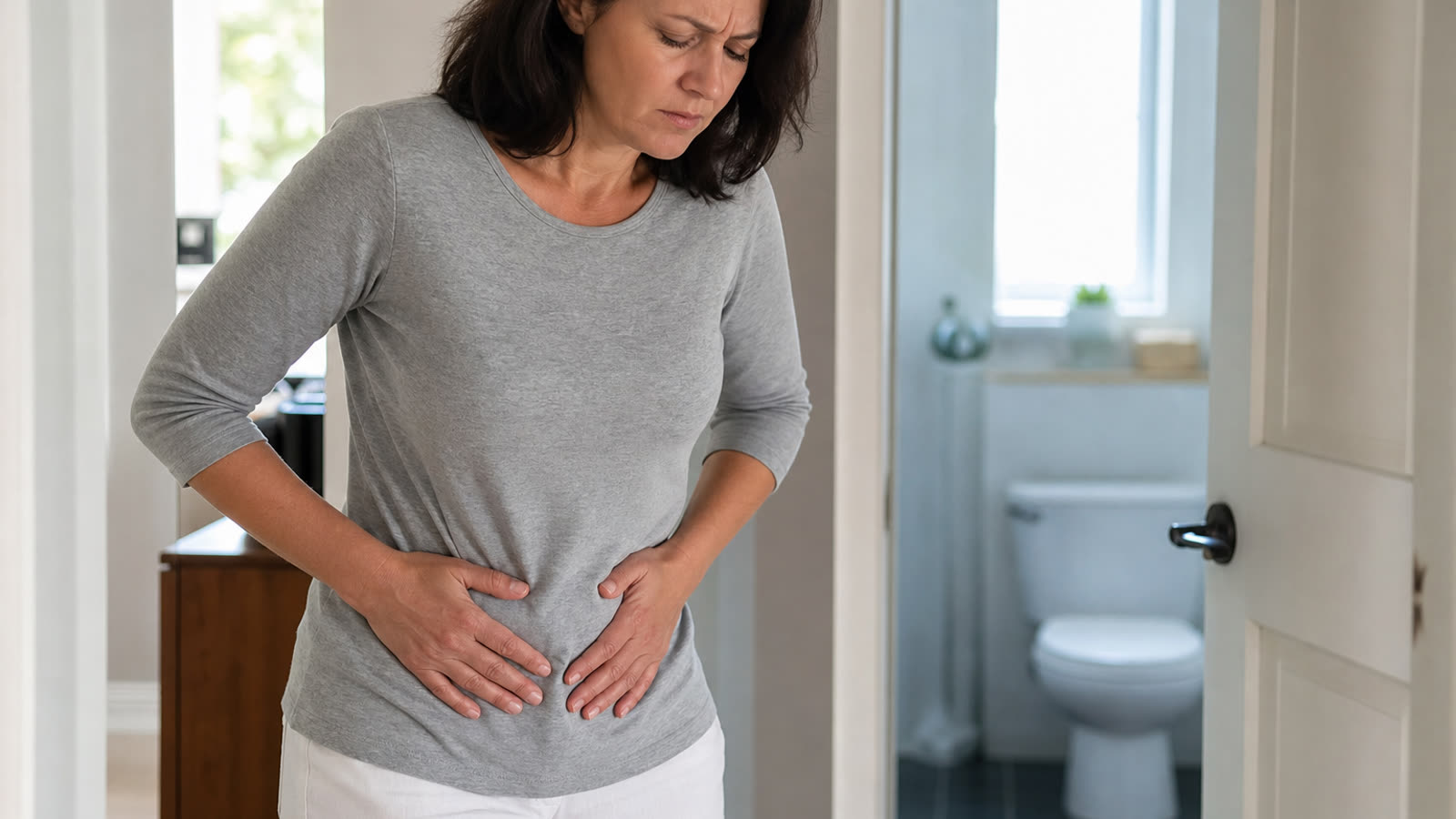Person holding their lower abdomen with discomfort and urinary urgency from a kidney stone