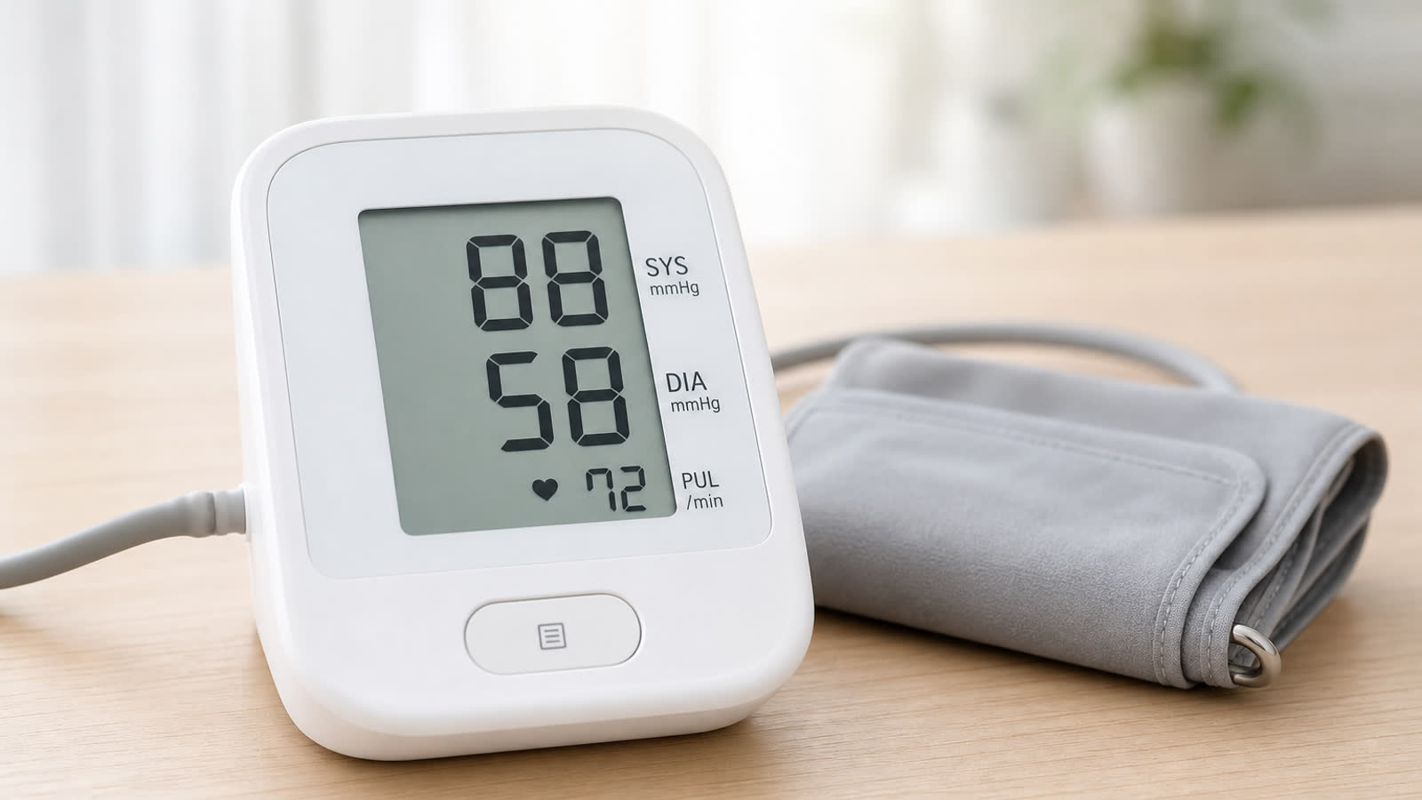 Home digital blood pressure monitor on a table showing a low reading of 88 over 58 mmHg