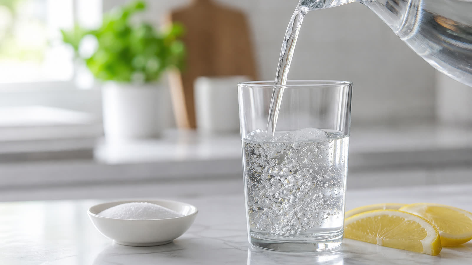 Glass of water being poured beside a small dish of salt on a kitchen counter, illustrating hydration and sodium for low blood pressure