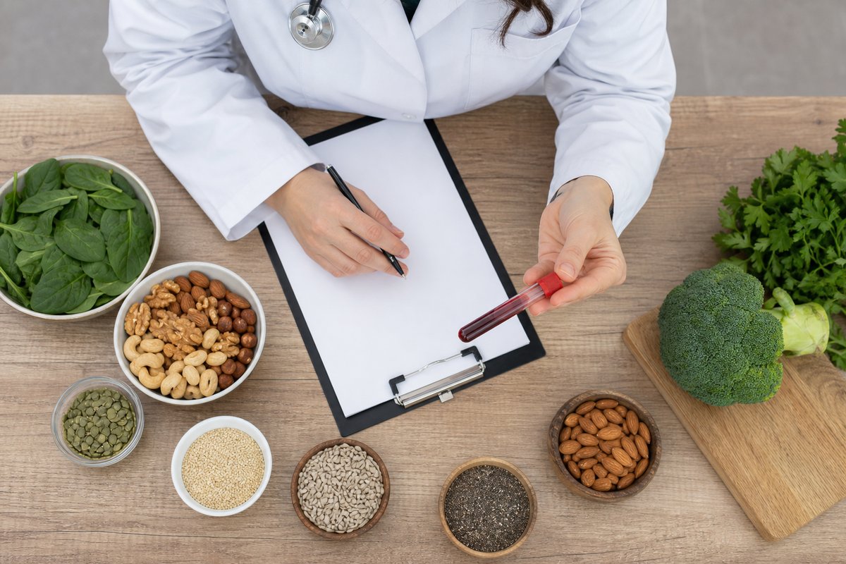 Doctor holding a blood test tube beside leafy greens nuts and seeds for magnesium evaluation