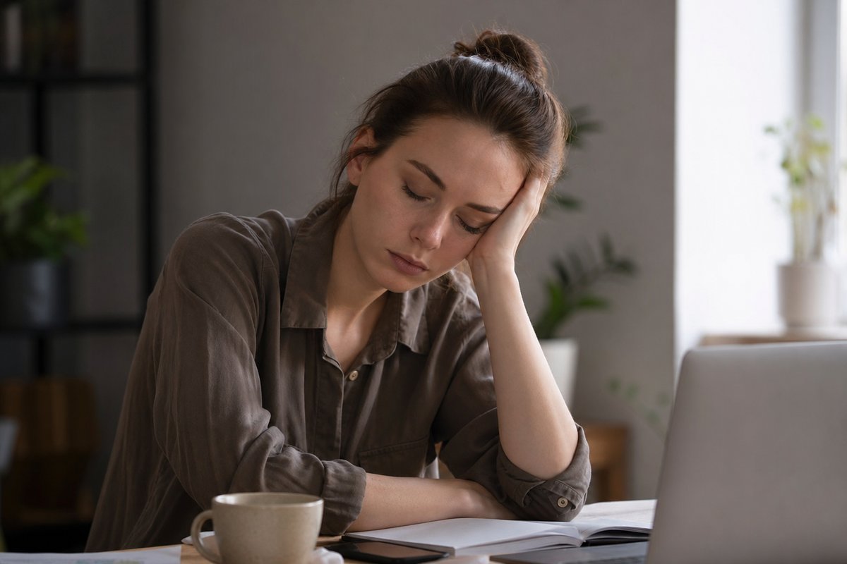 Tired woman resting her head on her hand showing fatigue from possible magnesium deficiency