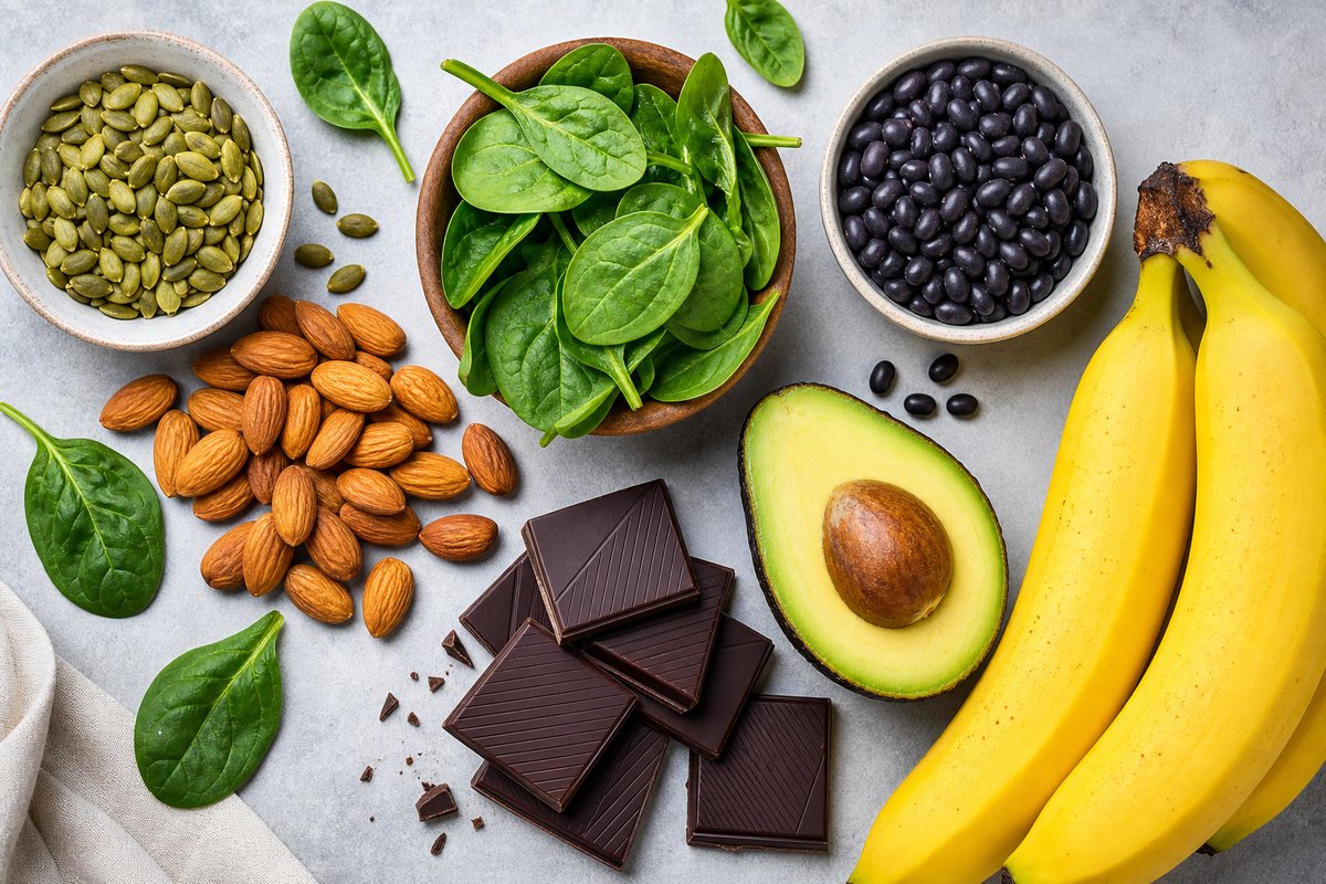 Flat lay of magnesium-rich foods including pumpkin seeds almonds spinach avocado and dark chocolate