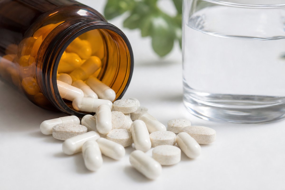 Magnesium supplement capsules spilling from an amber bottle next to a glass of water