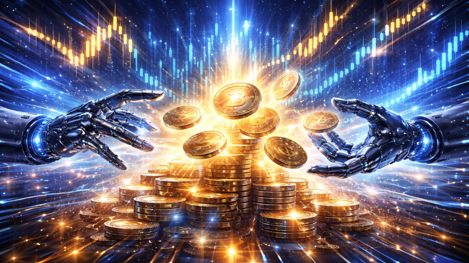 Robotic hands surrounding a glowing stack of digital coins with bright market-chart lines in the background