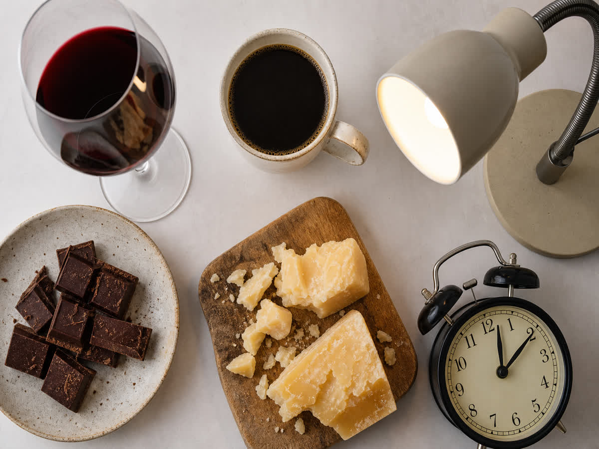 Flat lay of common migraine triggers including red wine, coffee, chocolate, aged cheese, a bright lamp and a clock
