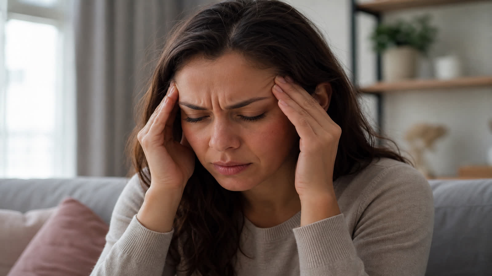 Woman at home pressing her fingertips to her temples with a pained expression from a throbbing headache