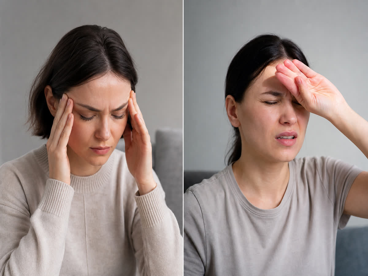 Comparison of a band of tension across the forehead versus a hand shielding the eyes from bright light