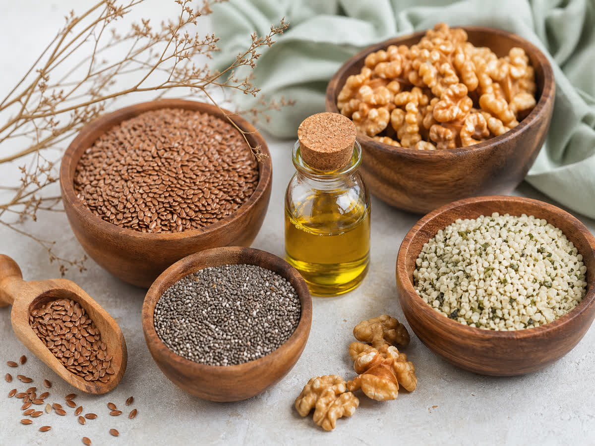 Plant-based omega-3 sources including flaxseeds chia seeds walnuts hemp seeds and algae oil in bowls