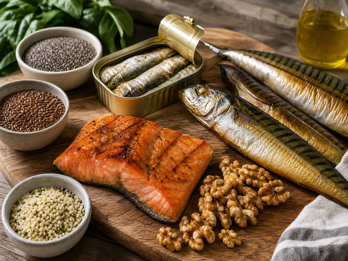 Assortment of omega-3 rich foods including salmon sardines walnuts chia seeds and flaxseeds on a wooden board