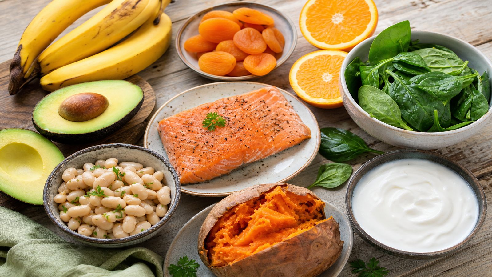 Flat lay of potassium-rich foods including bananas avocado sweet potato beans spinach salmon oranges and dried apricots