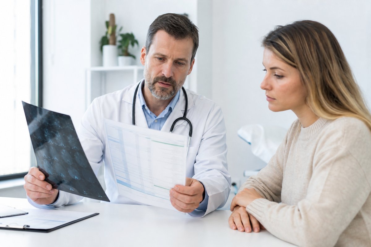 Doctor reviewing blood test and electrolyte panel results with a patient in a clinic