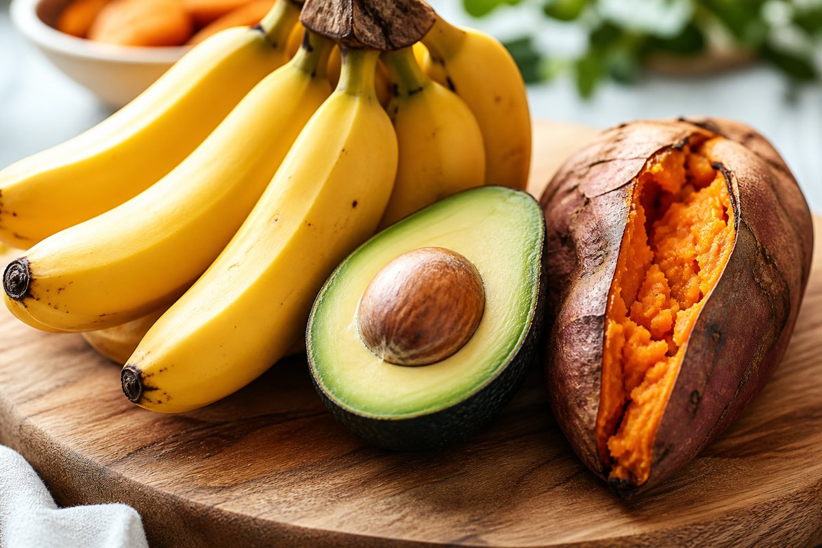 Ripe bananas halved avocado and baked sweet potato on a wooden cutting board as potassium food sources