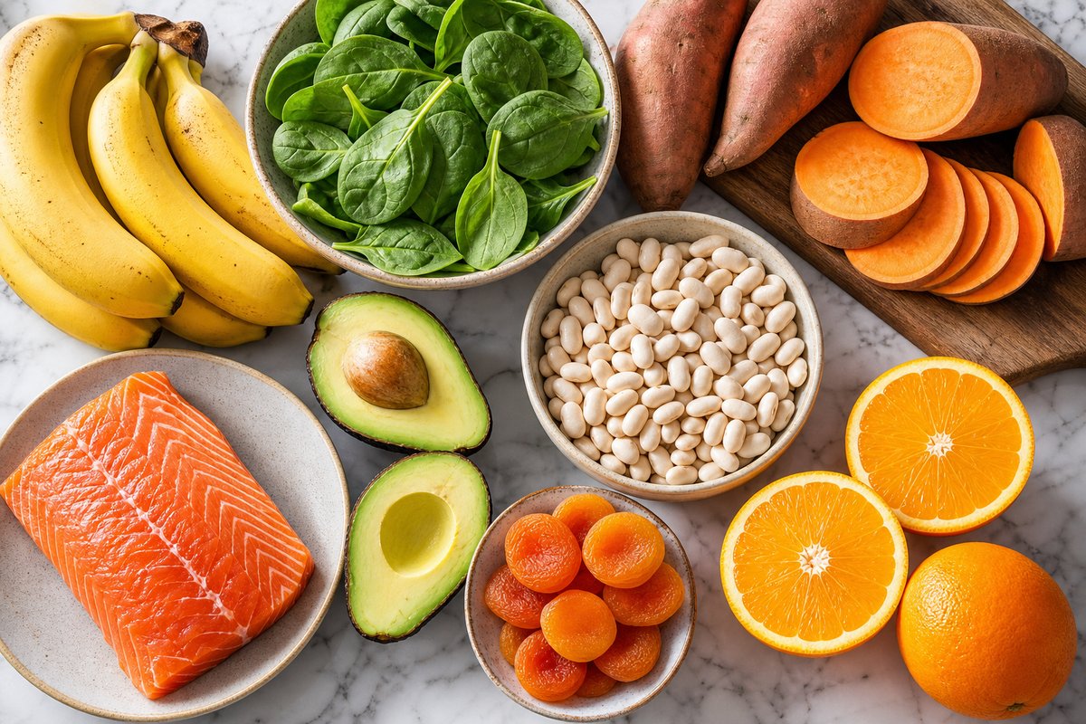 Assortment of potassium-rich foods including bananas avocado sweet potato beans spinach and salmon on a marble surface