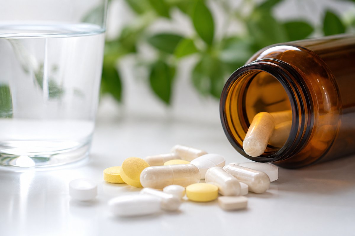 Potassium supplement capsules spilling from an amber bottle next to a glass of water