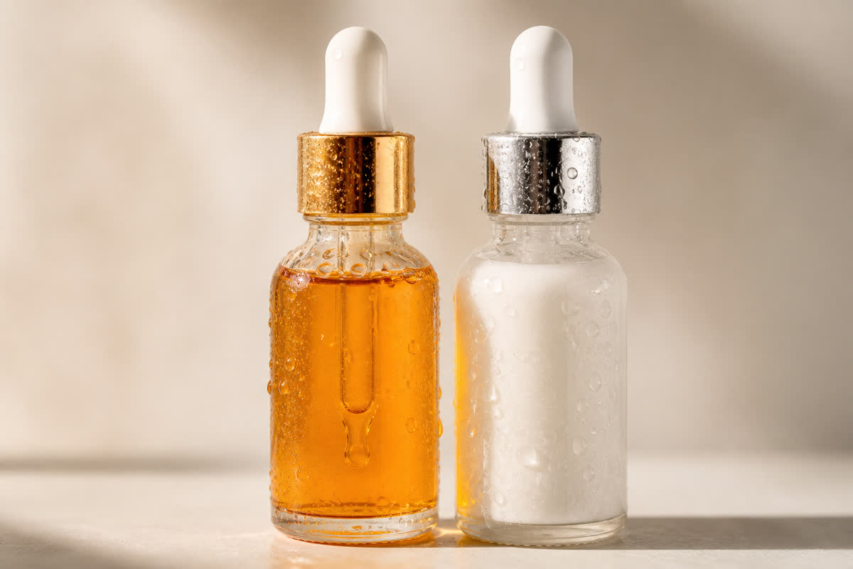 Amber vitamin C dropper serum next to a milky white retinol dropper serum on a neutral background