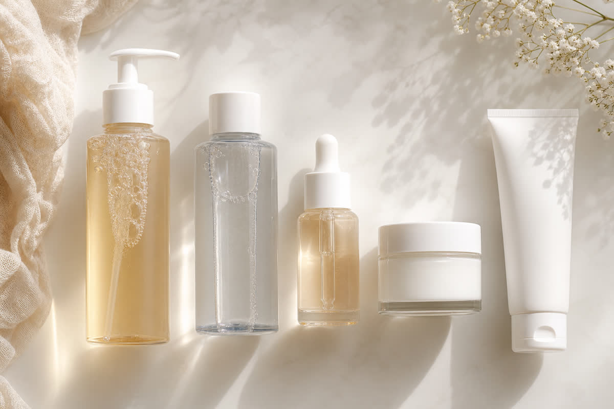 Skincare products arranged in order from cleanser to serum to moisturizer to sunscreen for correct layering