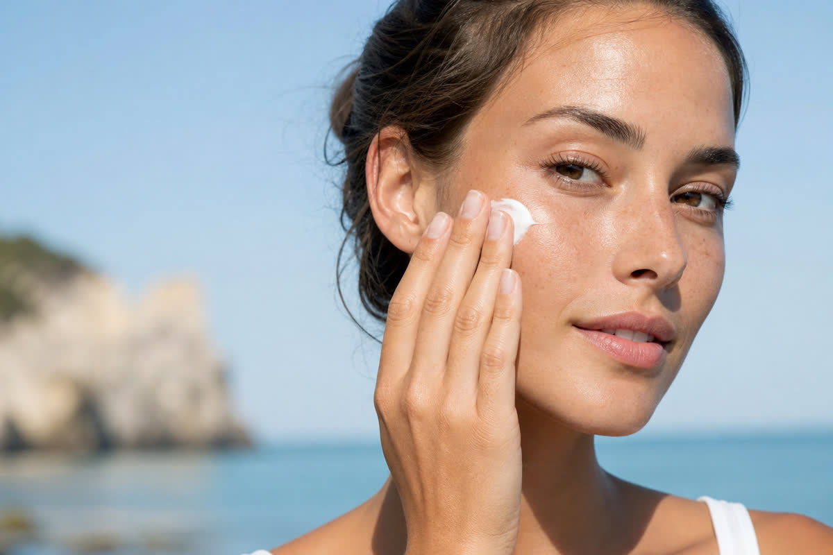 Woman applying a dot of white sunscreen to her cheek in bright daylight to protect her skin