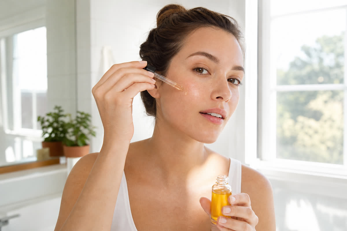 Woman with glowing skin applying vitamin C serum to her cheek in a bright sunlit bathroom in the morning