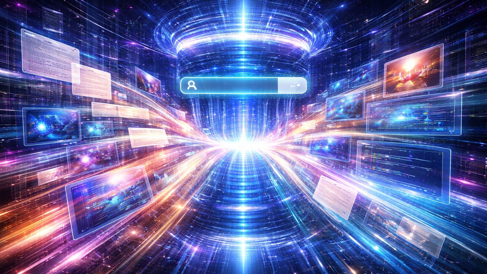 Futuristic AI search tunnel with a glowing search bar and streaming search results moving through a digital portal