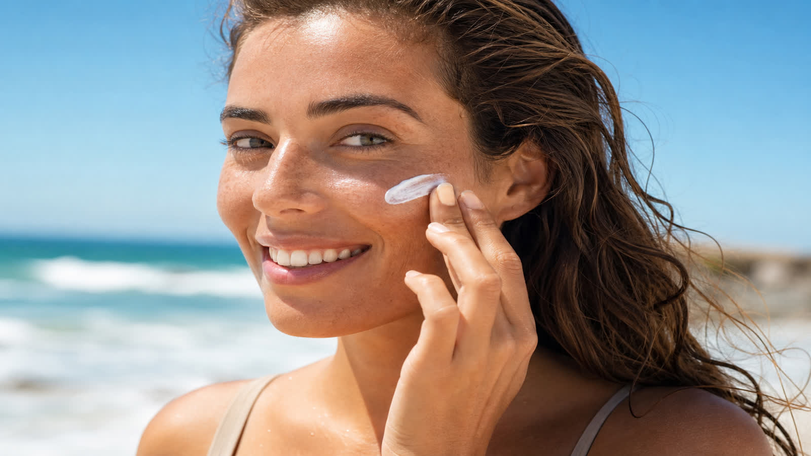 Smiling woman applying white sunscreen cream to her cheek at a sunny beach with blue sky behind her