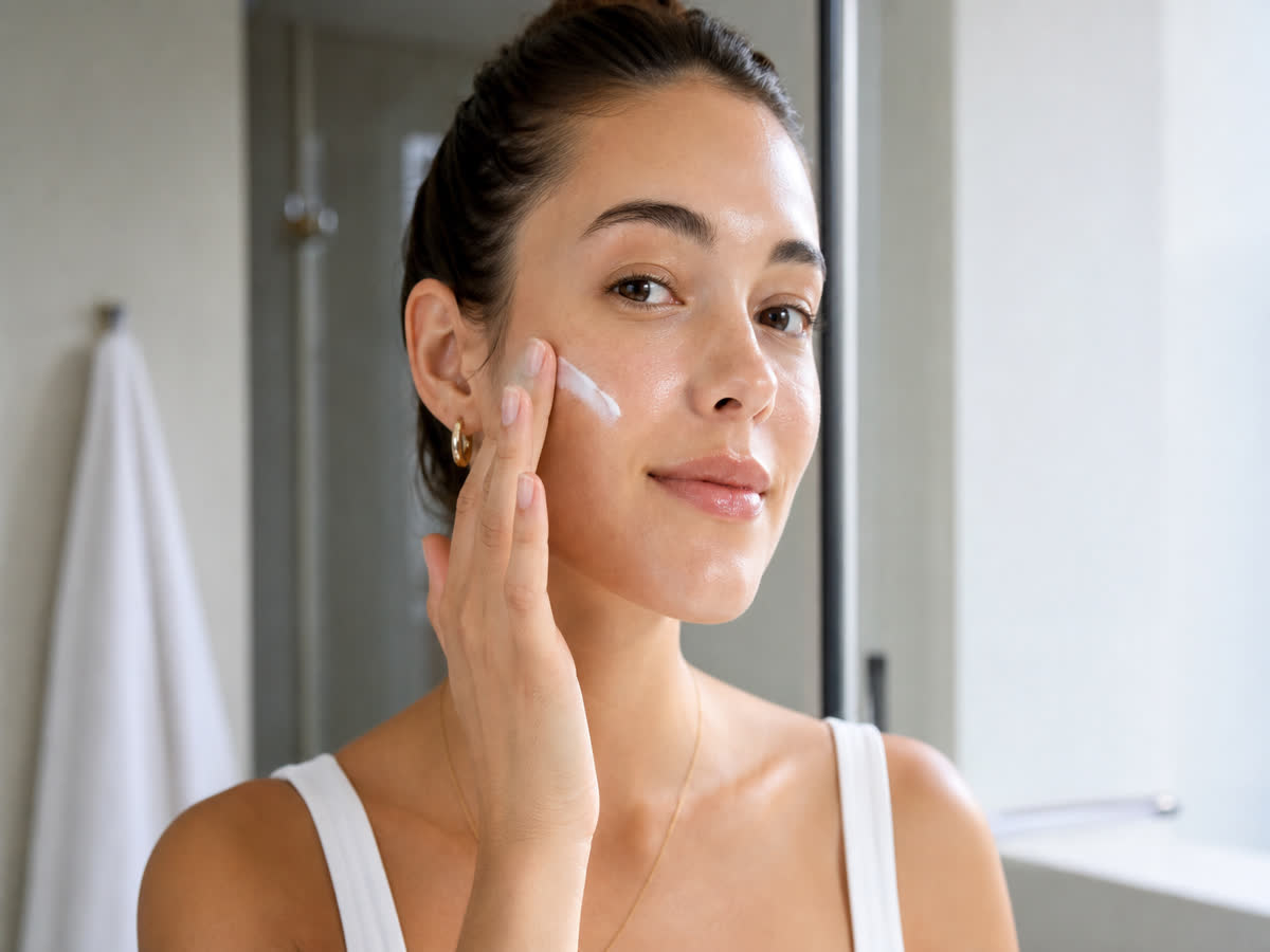 Woman with radiant skin applying facial sunscreen as the final step of her morning skincare routine in a bright bathroom
