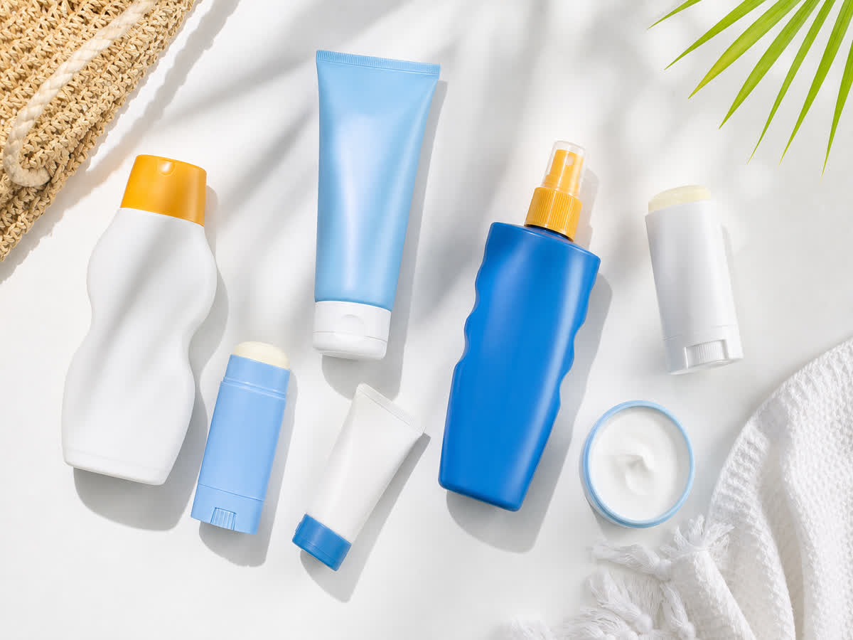 Different sunscreen types including lotion, spray, stick and mineral cream arranged on a white surface