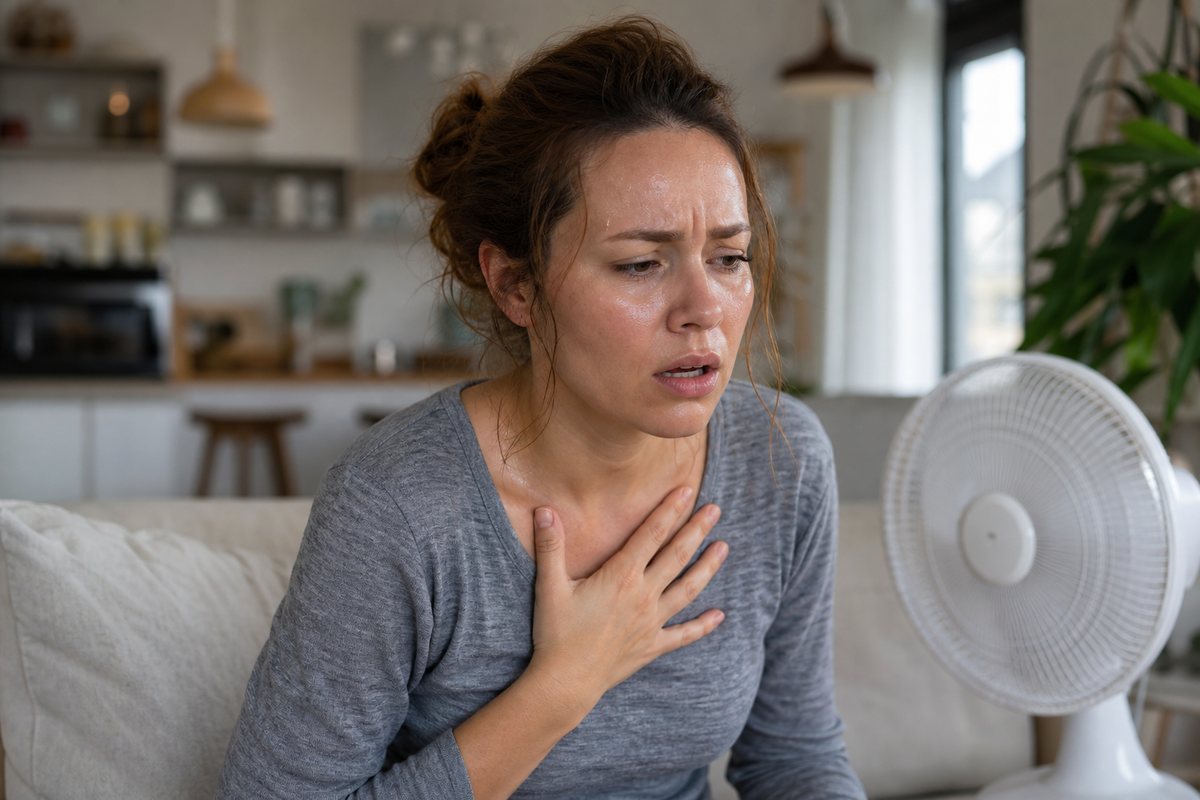 Anxious woman with hand on her chest feeling a rapid heartbeat representing hyperthyroidism symptoms